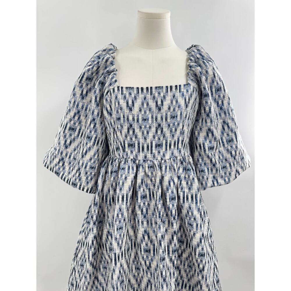 Munthe Chew Dress Blue White Ikat Metallic Jacquard Puff Sleeve Mini 12 L NWT